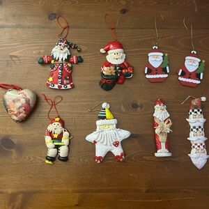 Ecclectic Mix of 9 Santa Claus‎ ornaments - Various Shapes, Materials, and Ages
